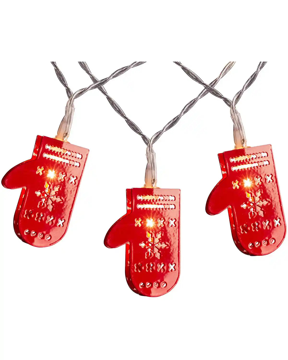 1.8 m Santa gloves LED string lights with red mitten decorations and warm white LEDs on a white background
