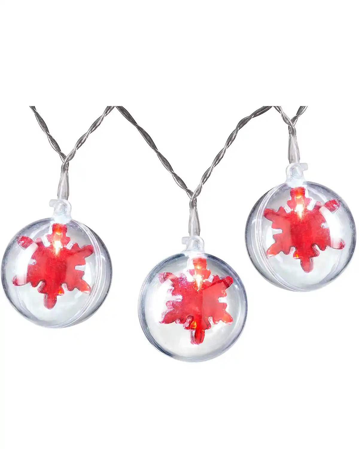 1.8 m red snowflake bauble LED string lights with clear baubles and bright white LEDs on a white background