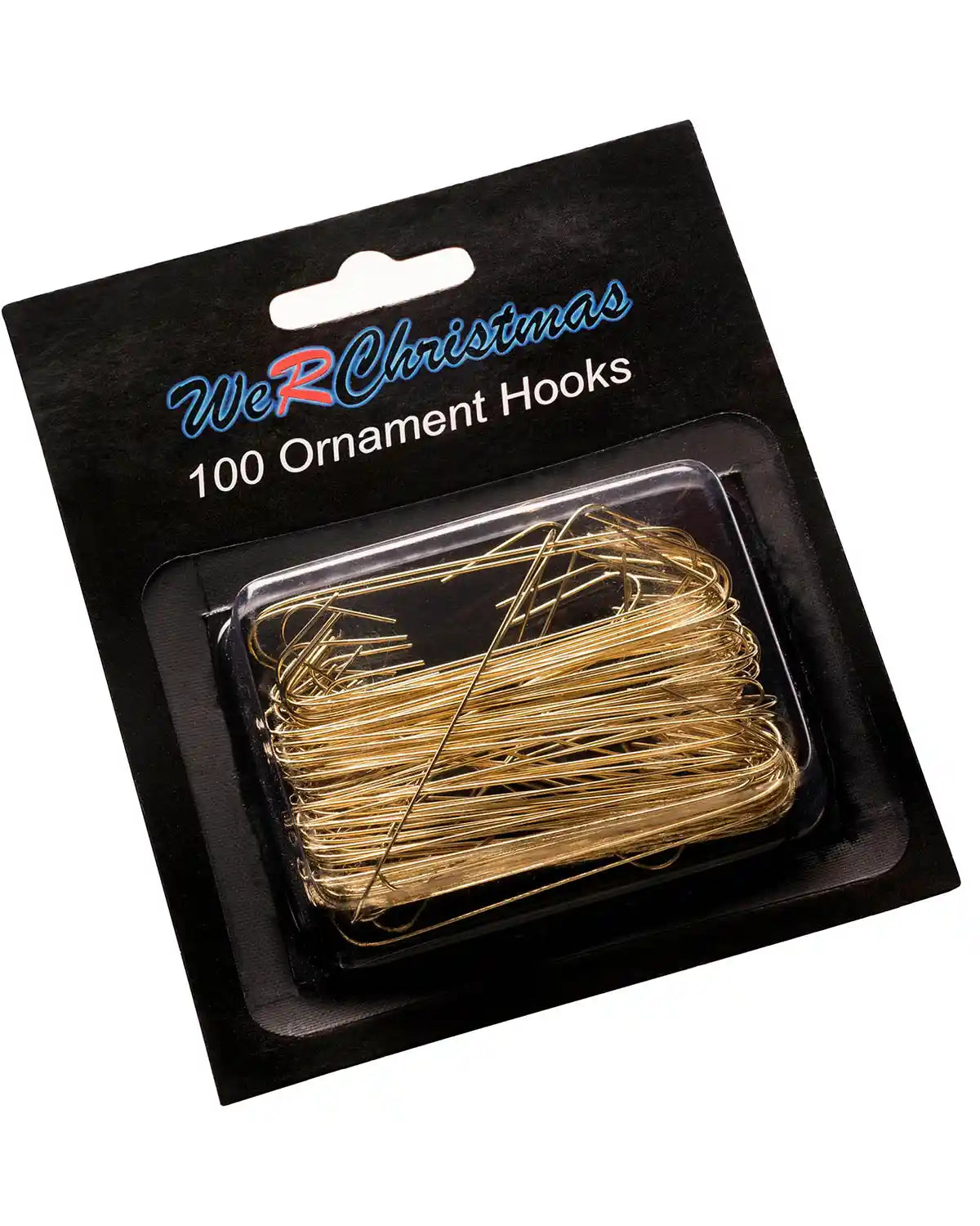 Pack of 100 gold bauble ornament hooks on a white background