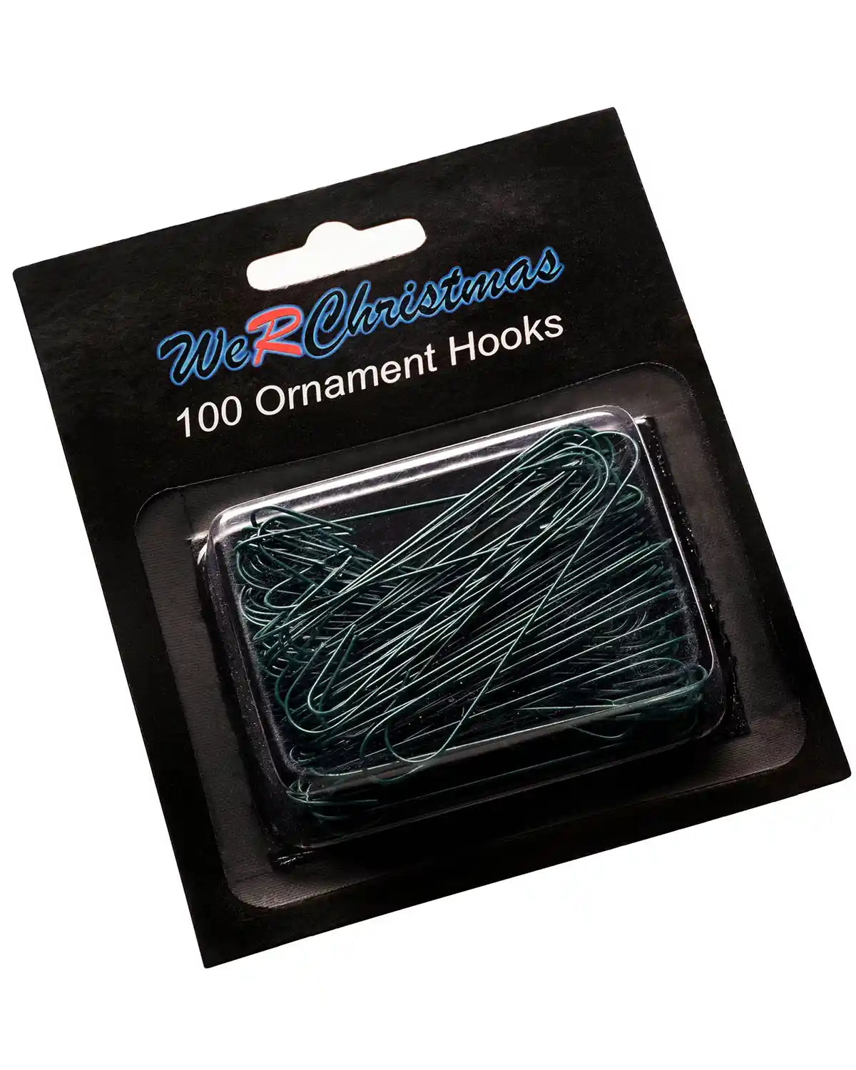 Pack of 100 green bauble ornament hooks on a white background