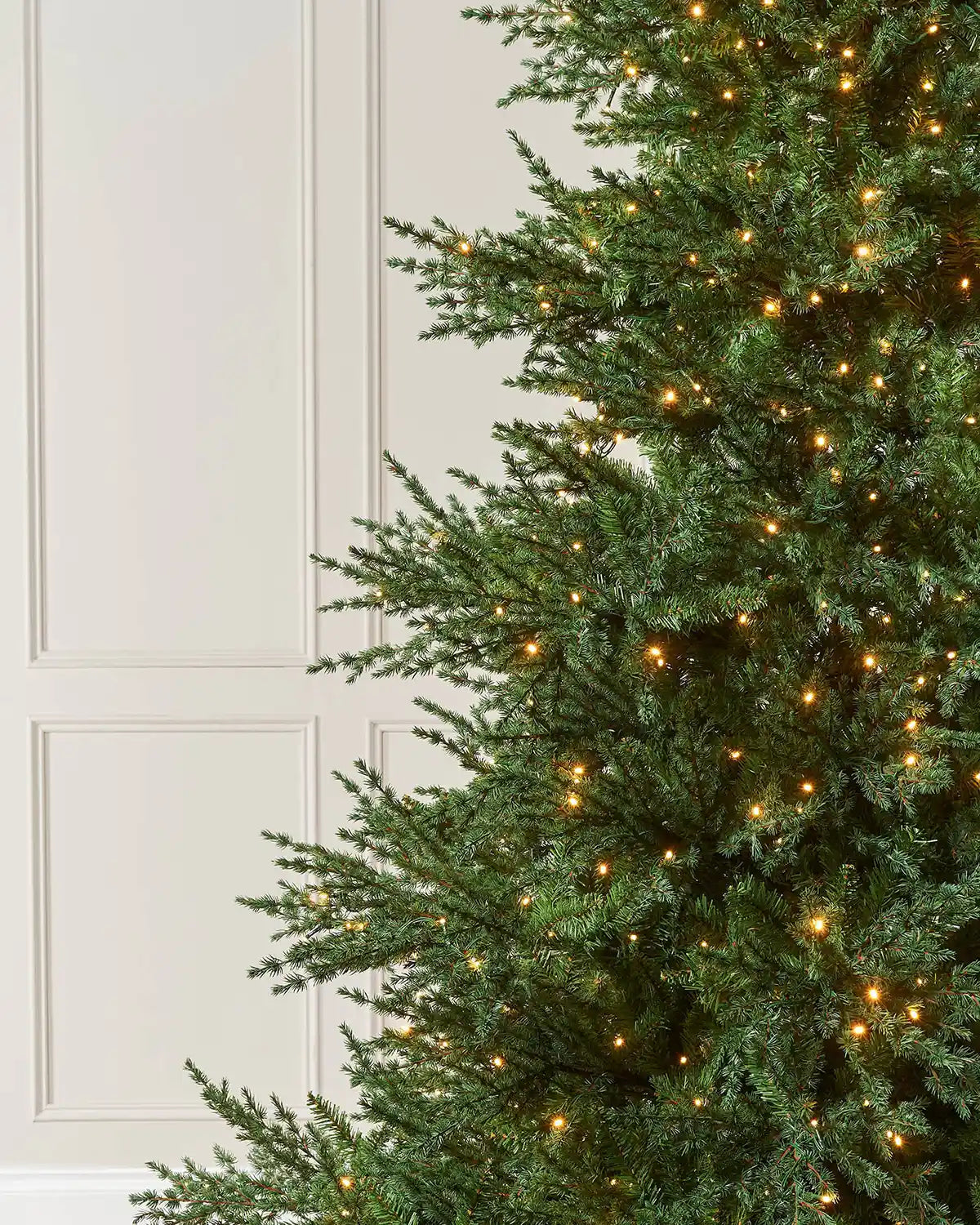 Branch detail of the 10ft pre-lit Traditional Fir Christmas tree with dense green foliage and warm white lights.