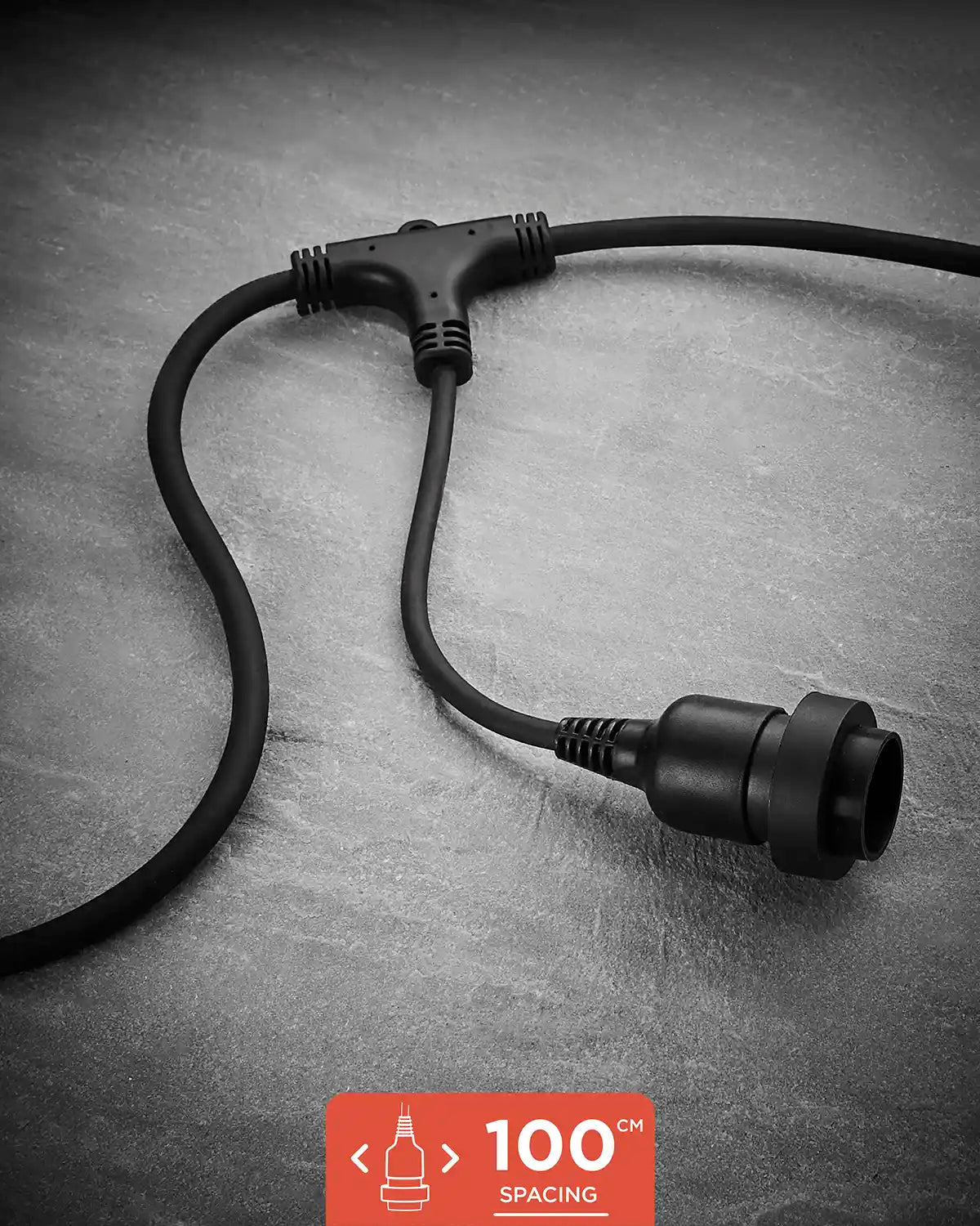 Black E27 long drop festoon belt with 100cm socket spacing shown on a grey surface.