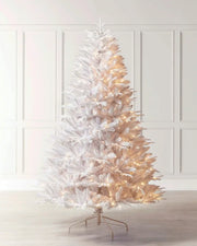 12 ft pre-lit white Christmas tree with warm white lights and a matching metal tree stand.