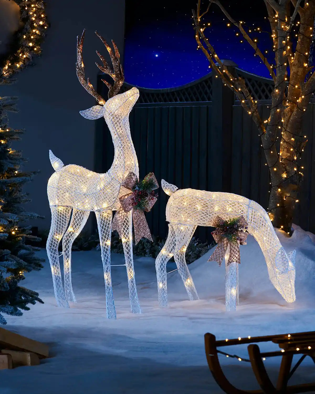 Pre-lit 3D reindeer pair displayed outdoors with warm white LEDs