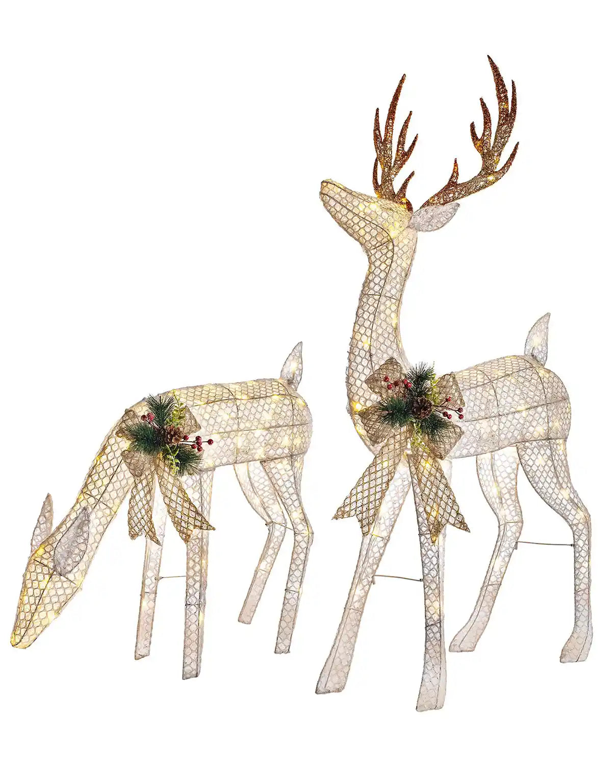 Pre-lit 3D reindeer pair with 151 cm stag and 85 cm doe on a white background
