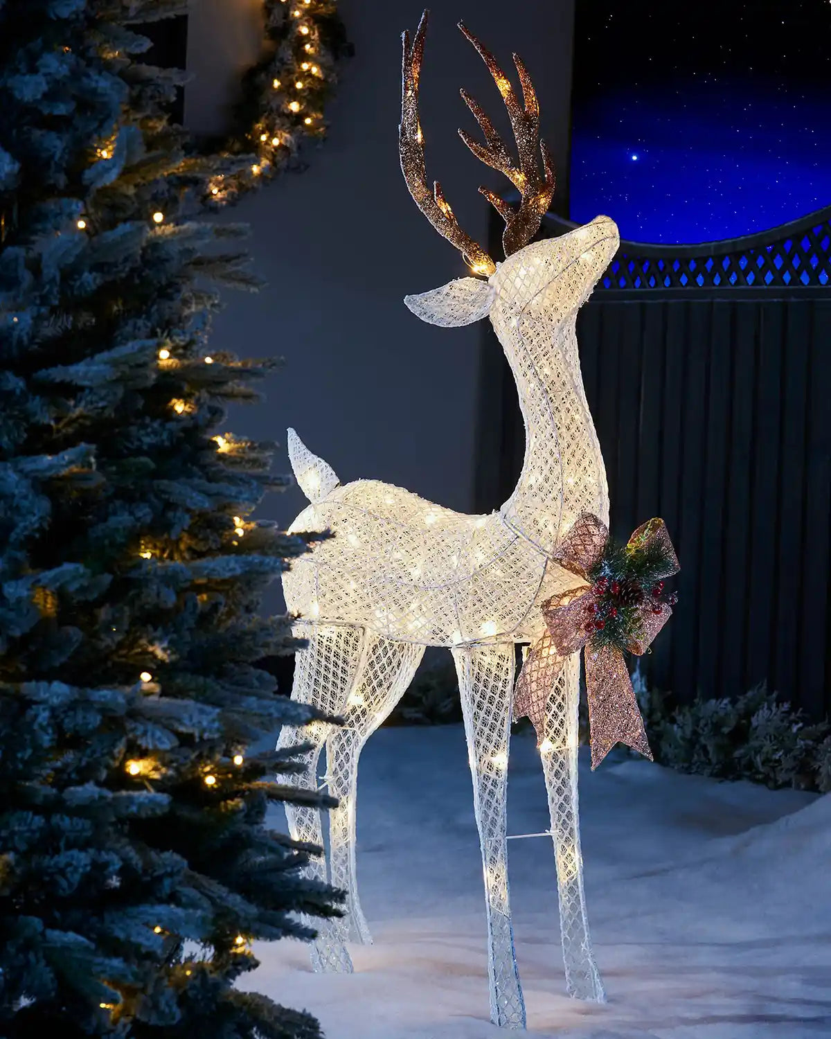 151 cm pre-lit standing stag displayed outdoors with warm white LEDs