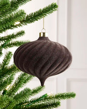 15 cm Espresso oversized velvet Spiral bauble hanging from a Christmas tree with a gold cap.
