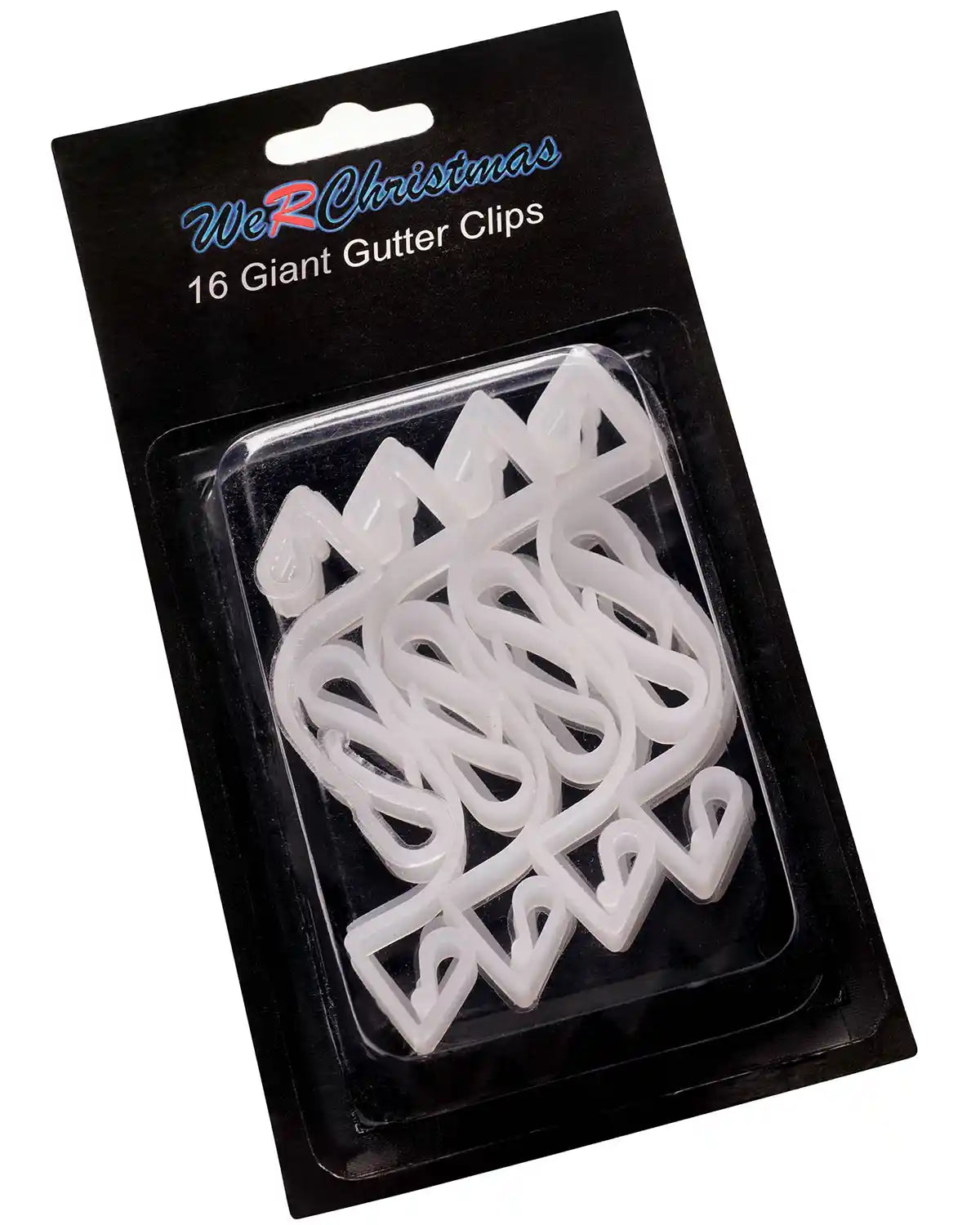 Pack of 16 large white gutter hooks on a white background