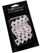 Pack of 16 large white gutter hooks on a white background