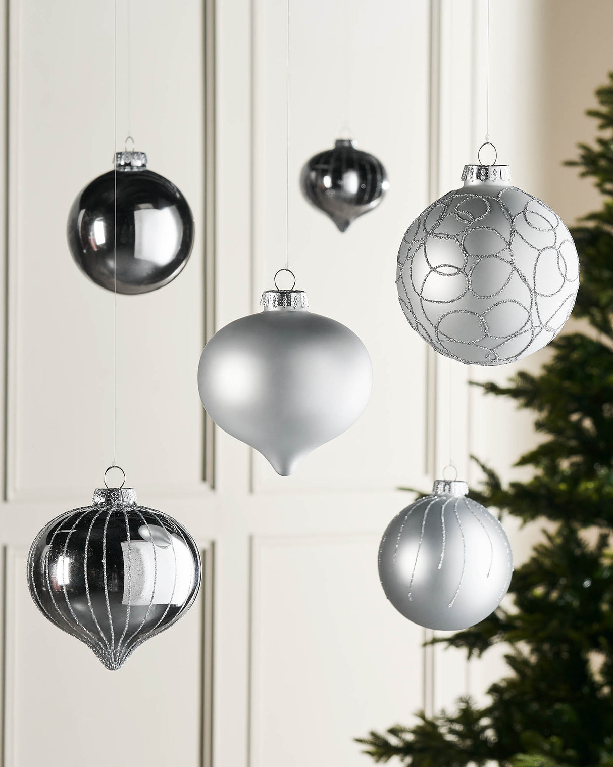 Silver Glass Baubles, 6 Pack, 10 cm