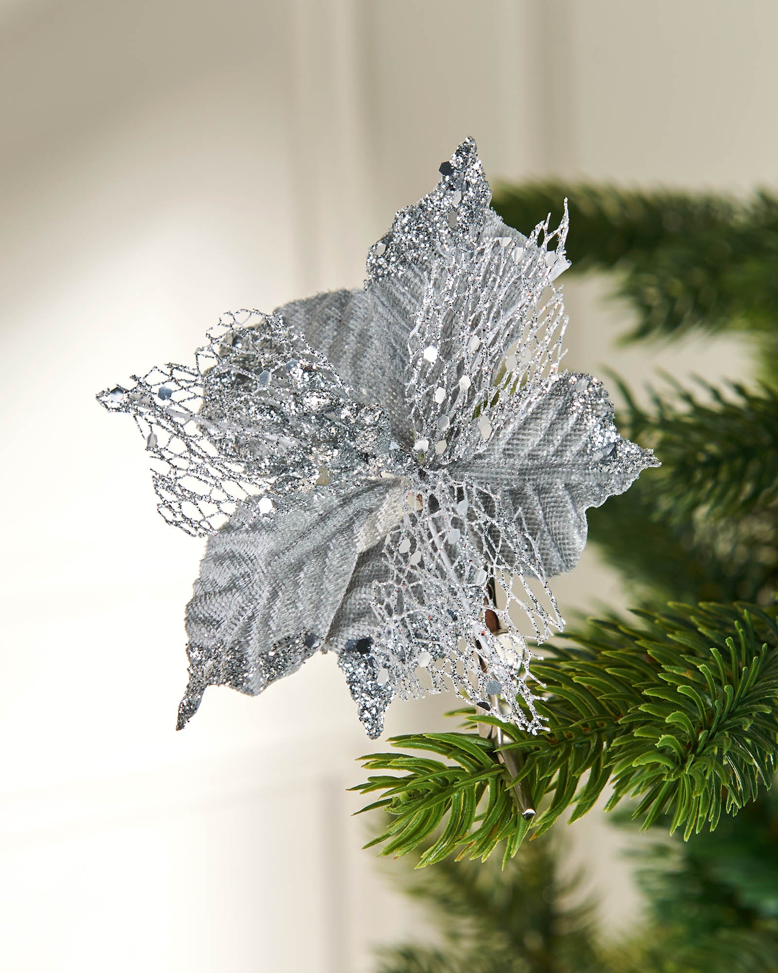 Set of 3 Silver Artificial Poinsettia Flowers with Clip, 12 cm