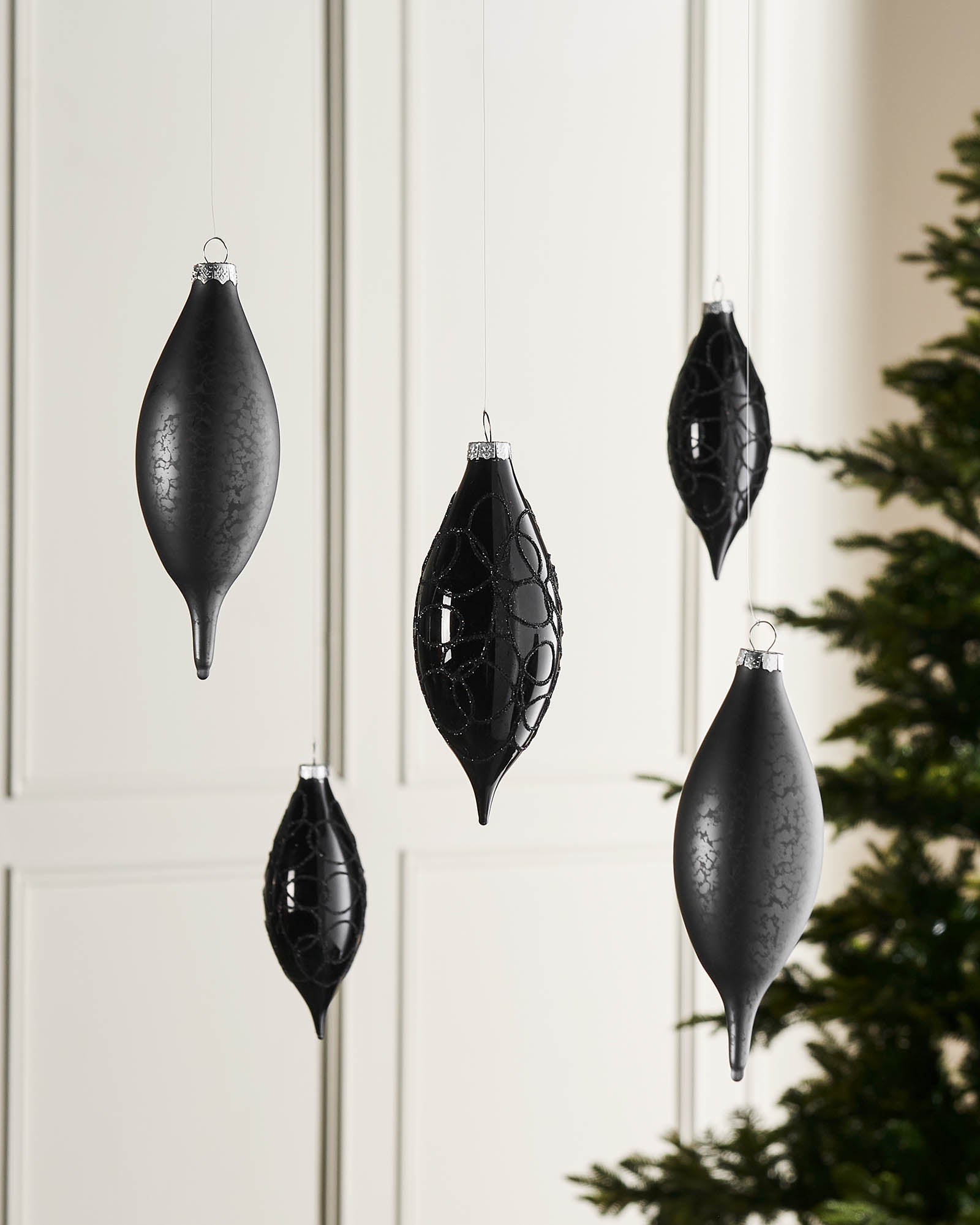 Five Black Glass Baubles, 15 cm