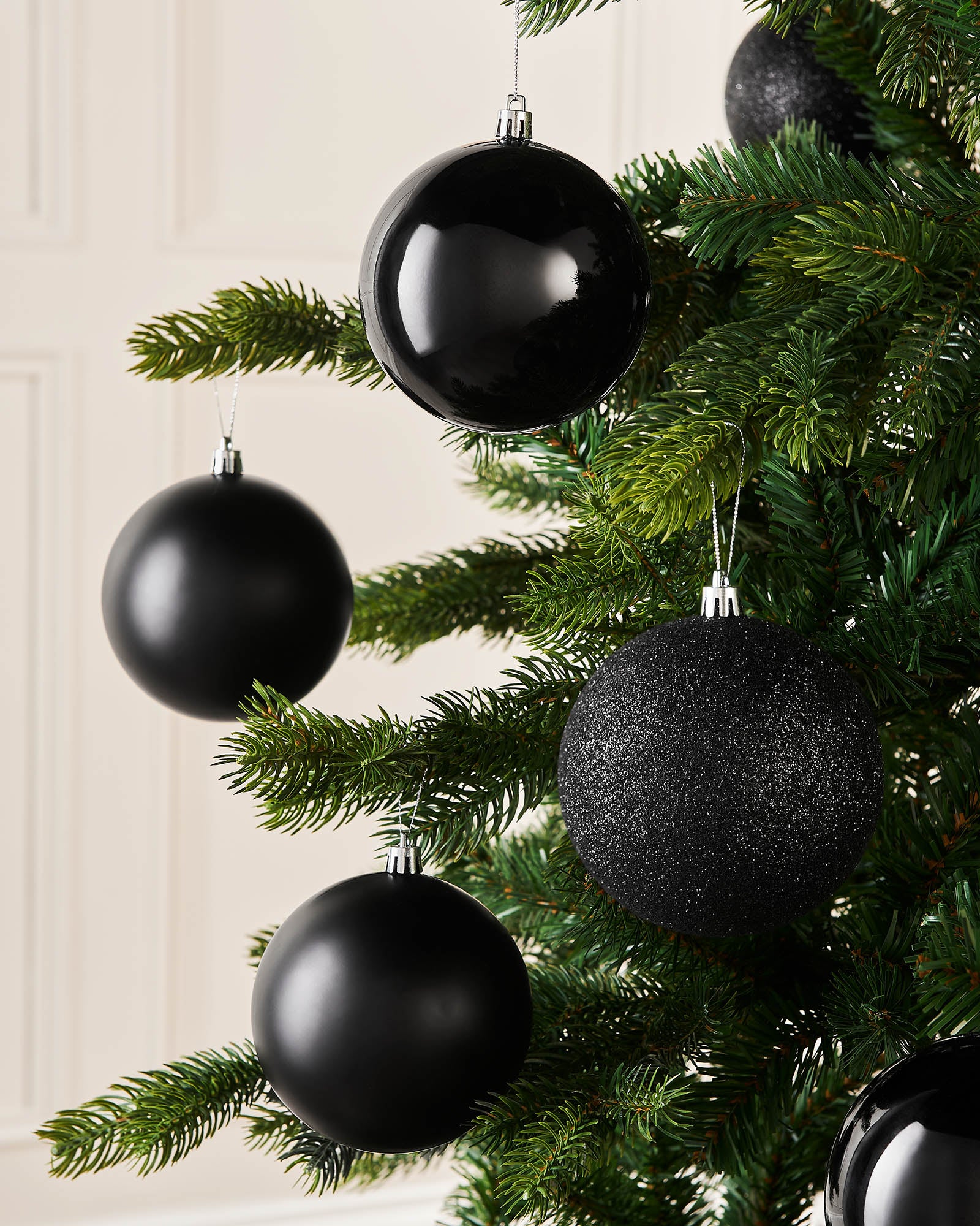 Nine Black Shatterproof Baubles, 10 cm