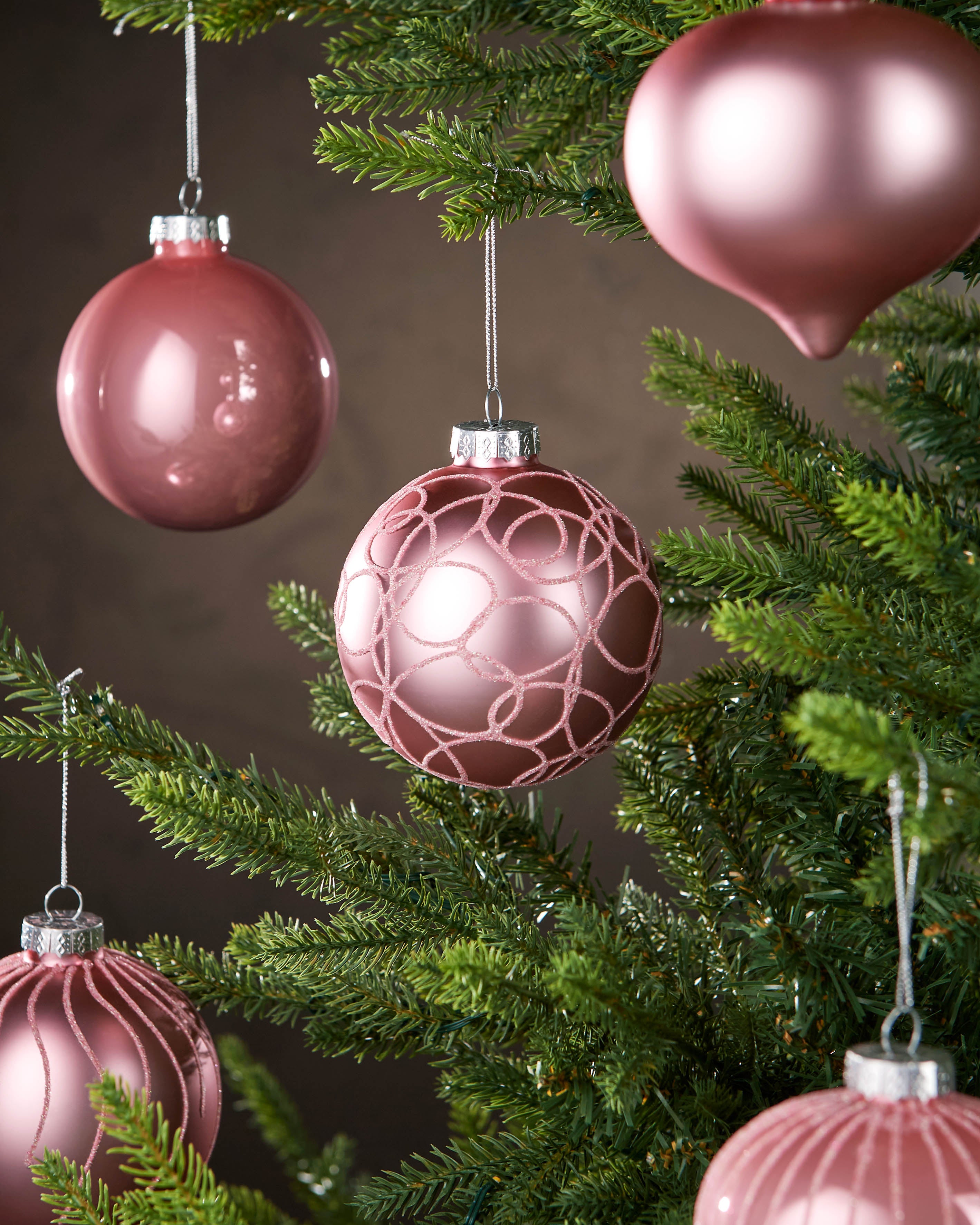6 Baby Pink Glass Baubles, 10 cm