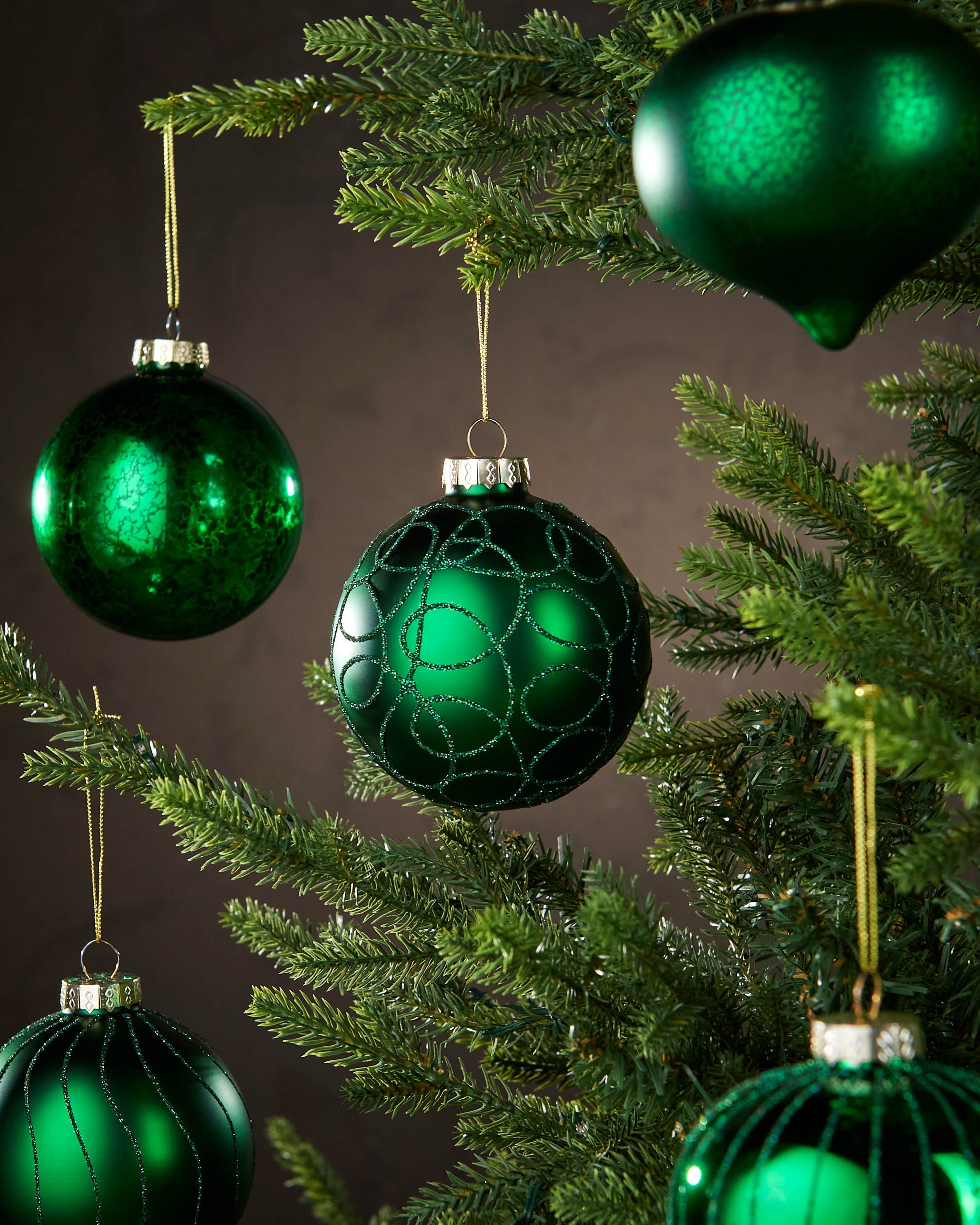 Set of 6 Glass Baubles, Christmas Green, 10 cm