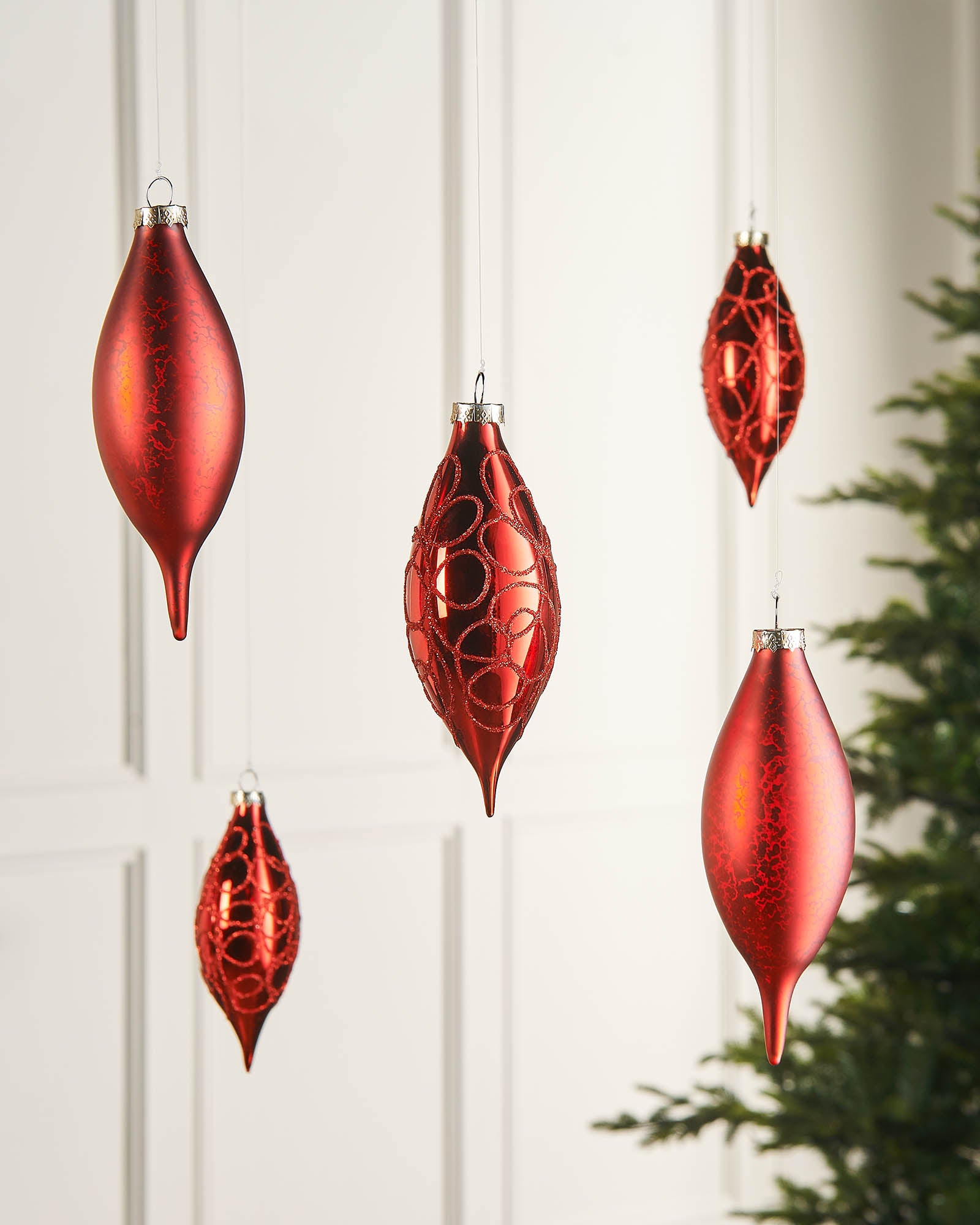 Five Christmas Red Glass Baubles, 15 cm