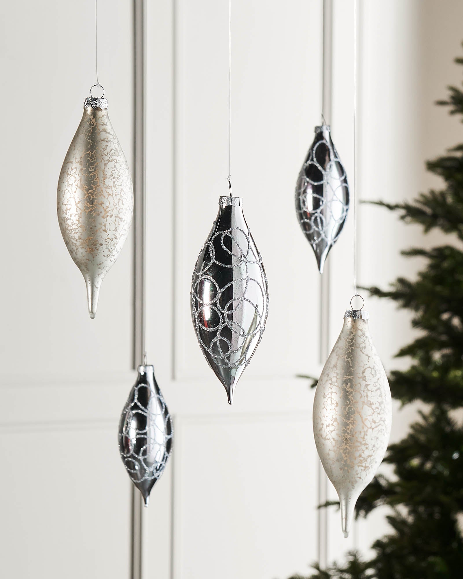 Five Silver Glass Baubles, 15 cm