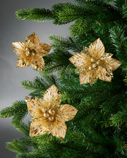 Set of 3 Gold Artificial Poinsettia Flowers with Clip, 12 cm