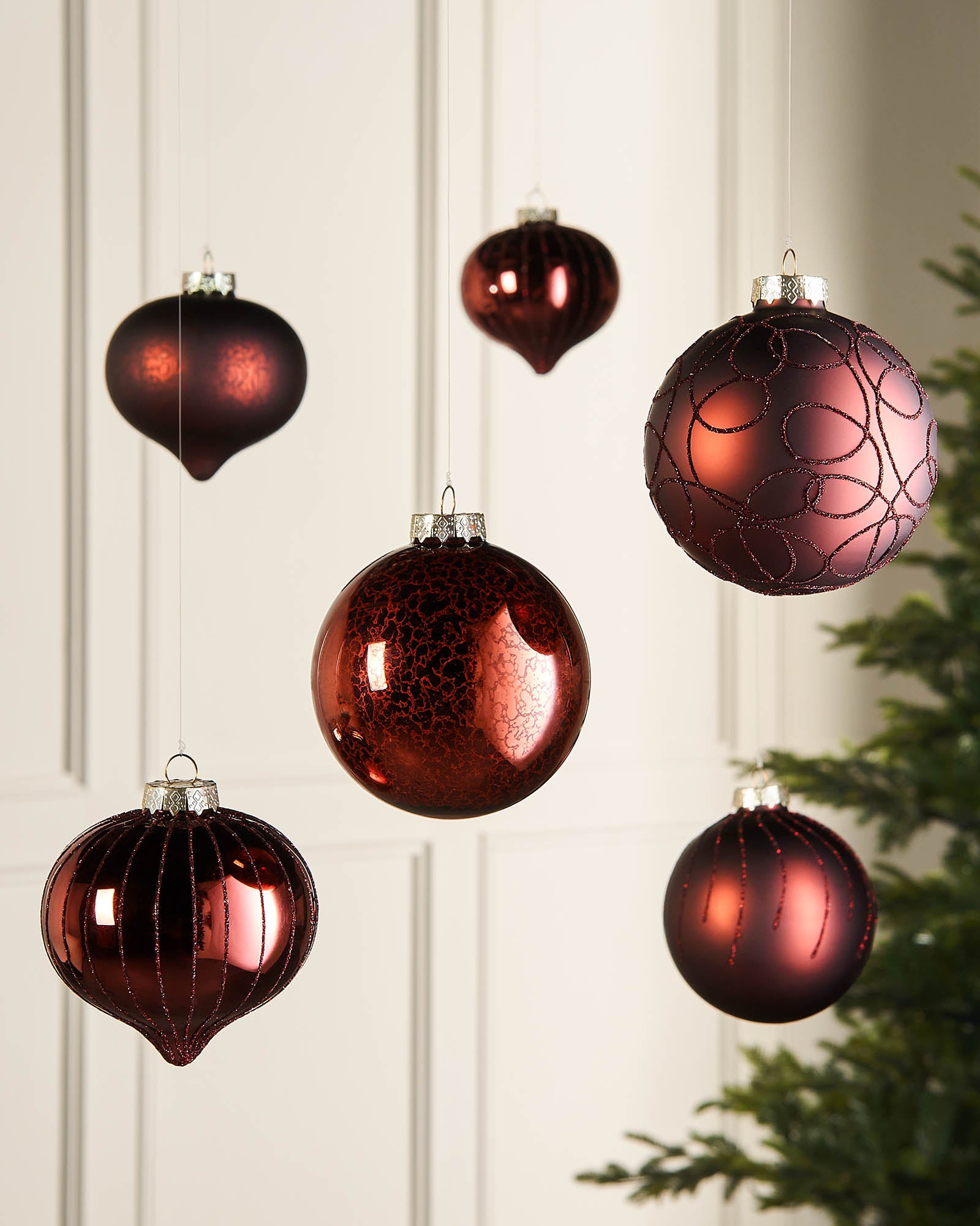 Six Burgundy Glass Baubles, 10 cm