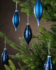 Set of 5 Large Glass Teardrop Baubles, Navy, 15 cm