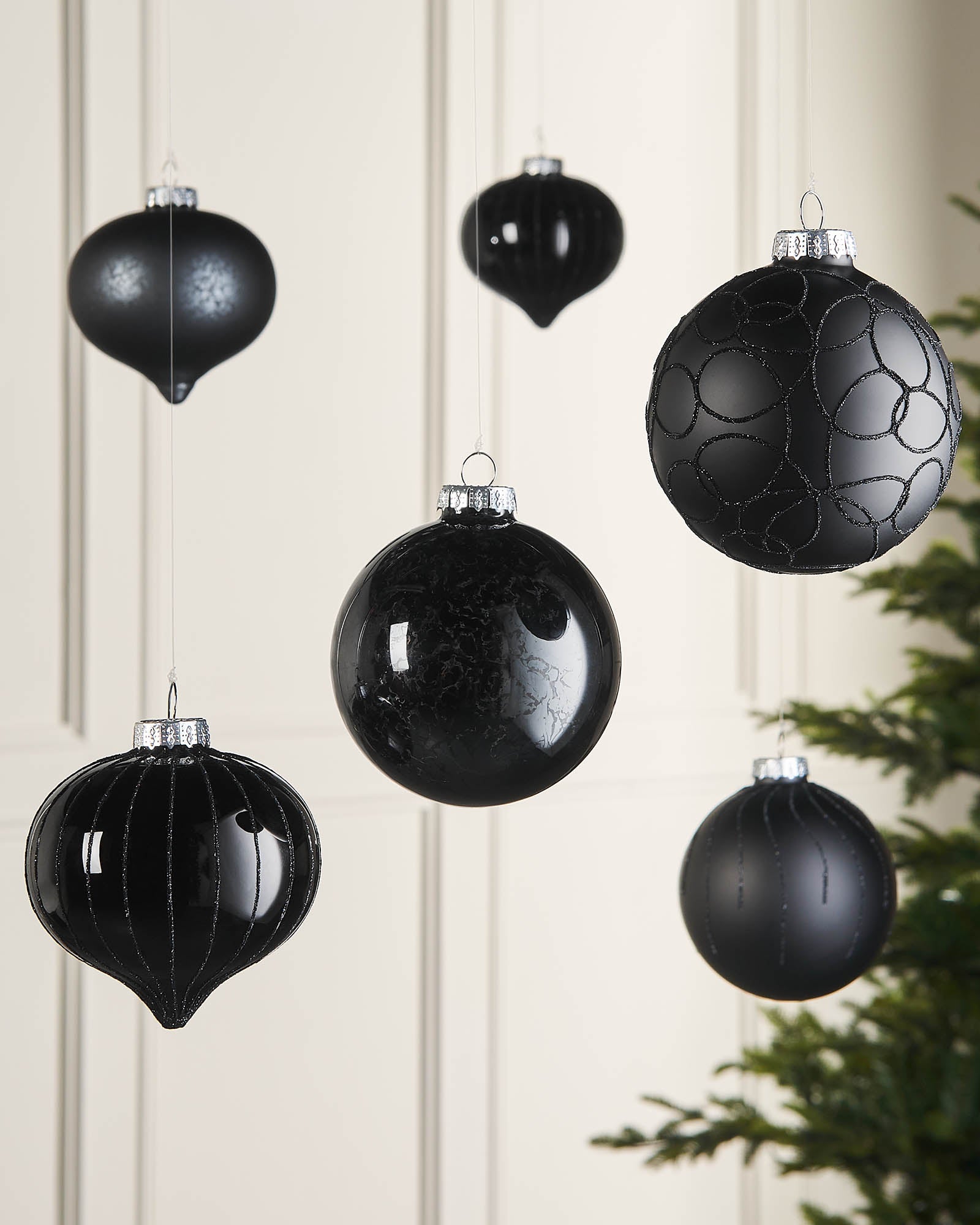 Six Black Glass Baubles, 10 cm