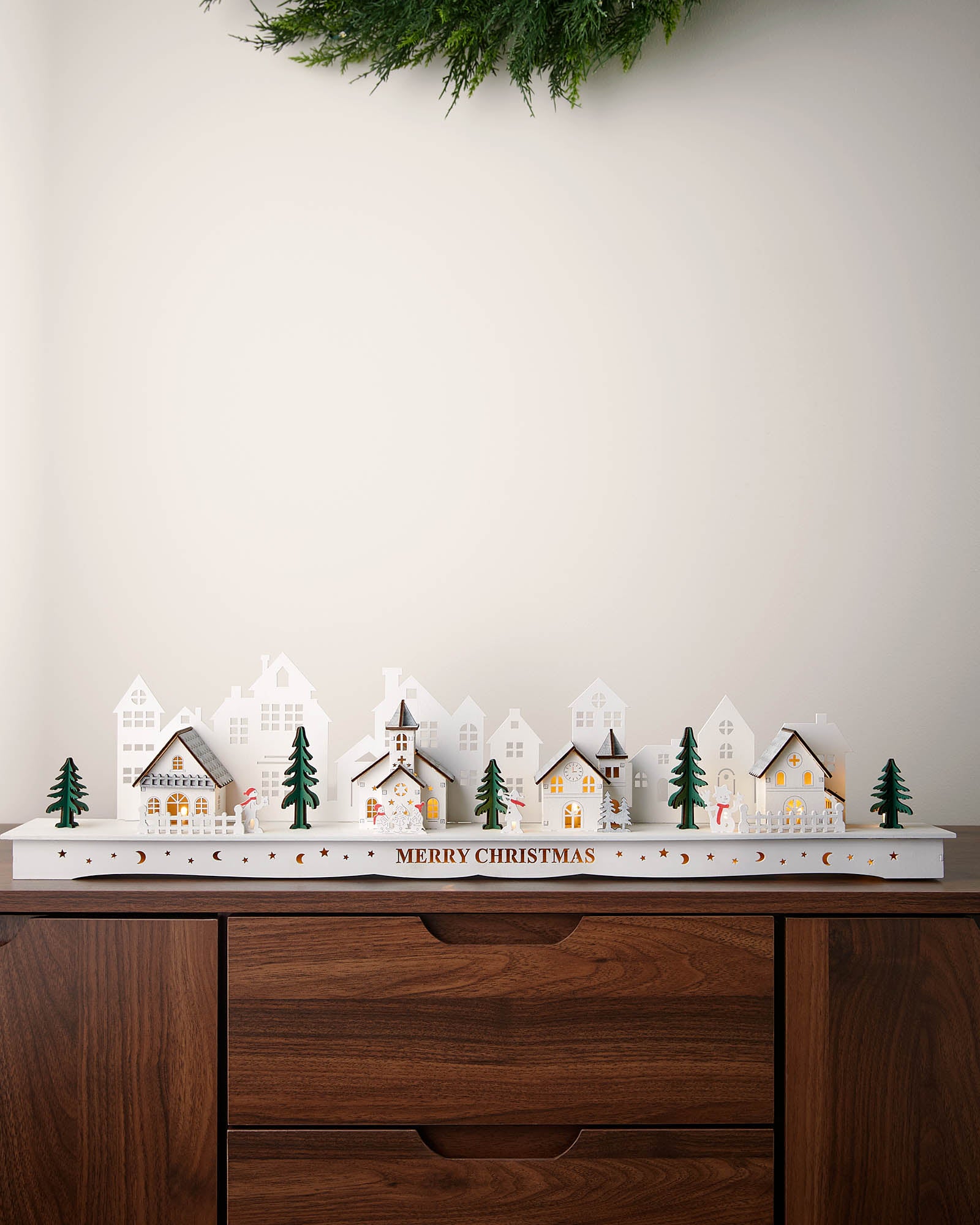 Pre-Lit Wooden Village Scene, White, 70cm