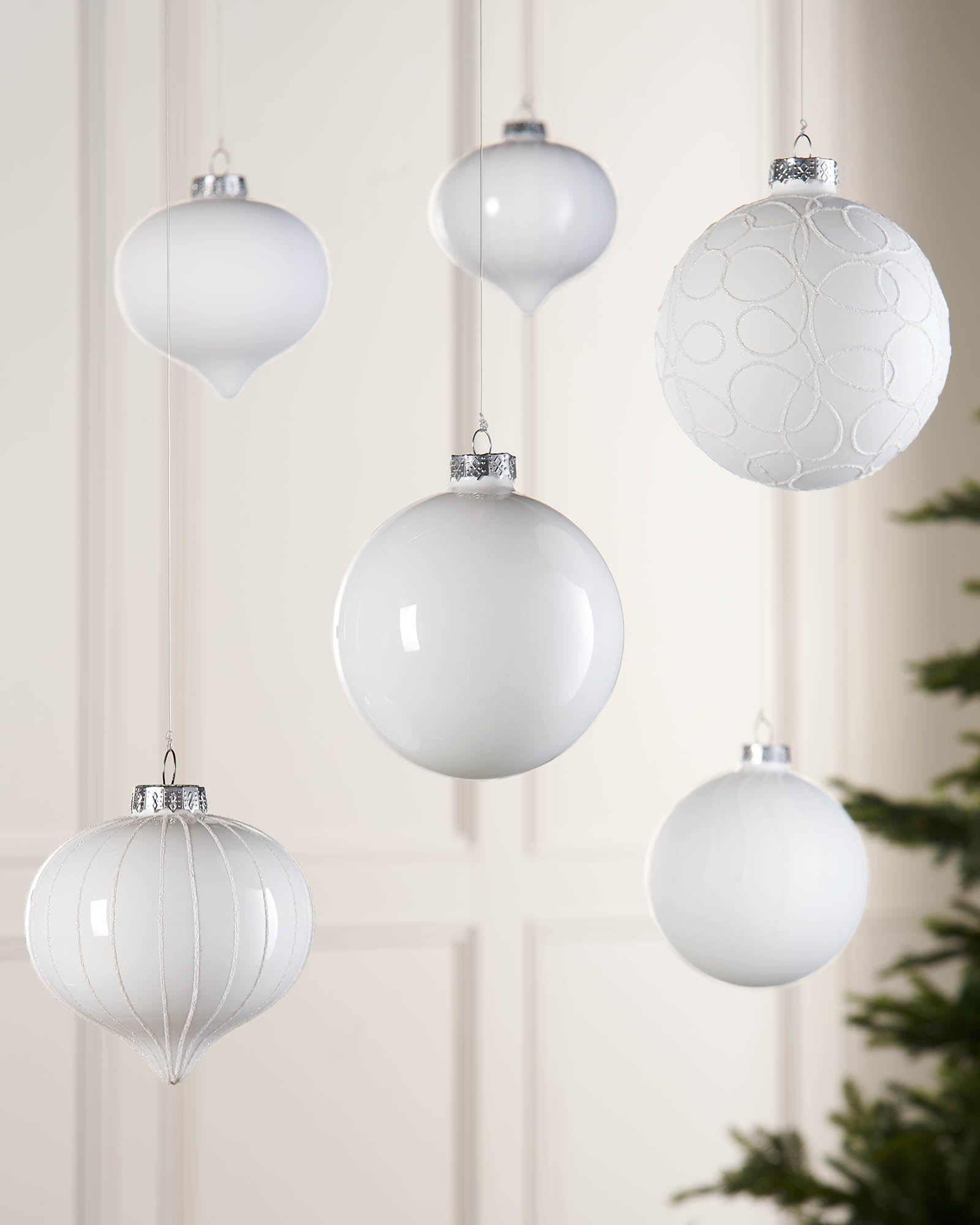 Six White Glass Baubles, 10 cm