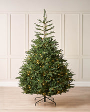 Pre-lit Grand Nordmann Fir Christmas tree with dense PE and PVC branches, warm white LED lights, and elegant pear-shaped silhouette, shown against a neutral background.