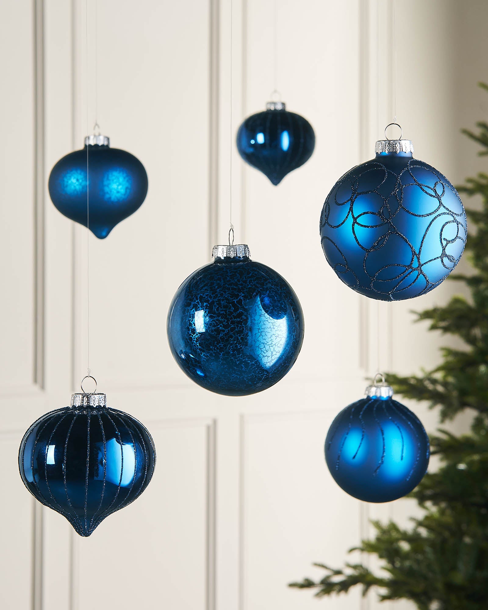 Six Navy Blue Glass Baubles, 10 cm