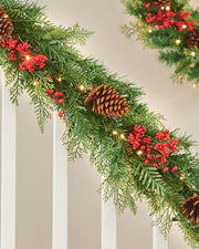 Pre-Lit Garland with Pinecones & Red Berries, 9 ft