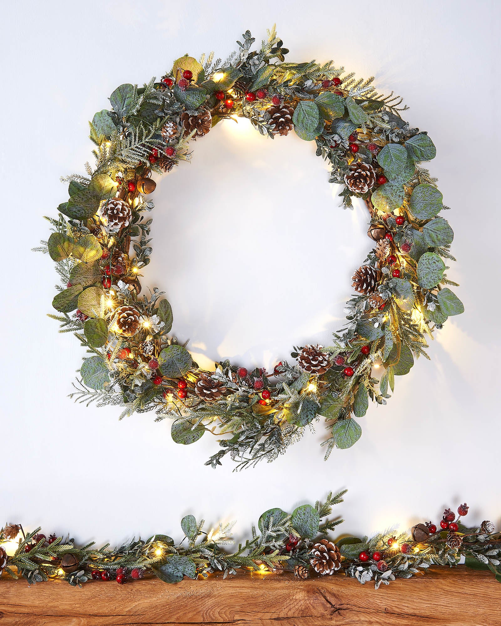 Pre-Lit Frosted Eucalyptus Garland & Wreath, Pinecones & Berries