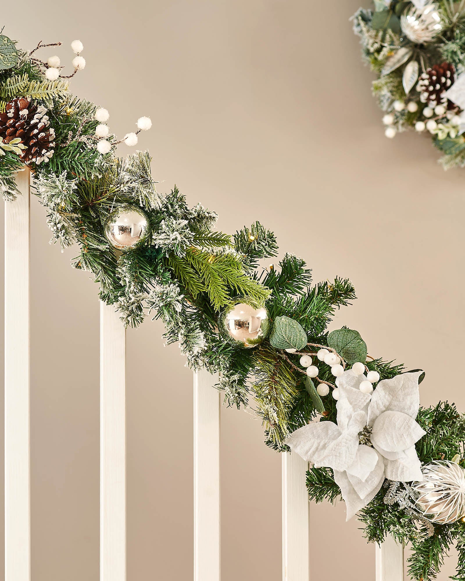Pre-Lit Decorated Frosted Garland & Wreath, White/Silver