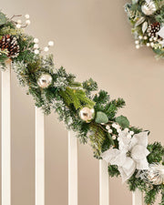 Pre-Lit Decorated Frosted Garland, White & Silver, 9 ft