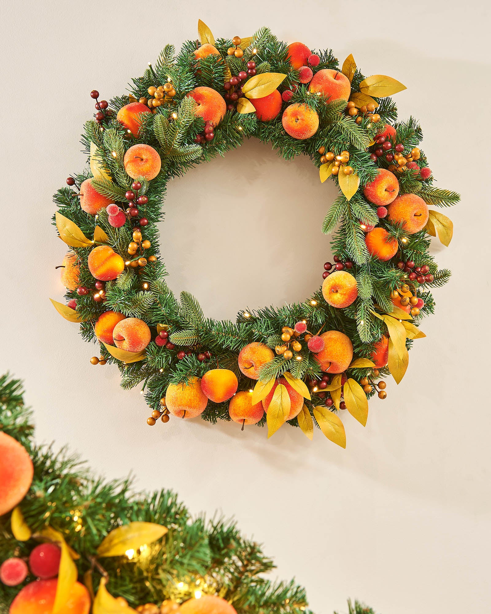 Pre-Lit Decorated Garland & Wreath, Apples & Peaches