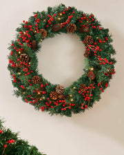 Pre-Lit Extra Thick Wreath, Pinecones & Berries, 76 cm