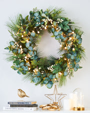 Pre-Lit Decorated Wreath, Berries & Eucalyptuses, 76 cm
