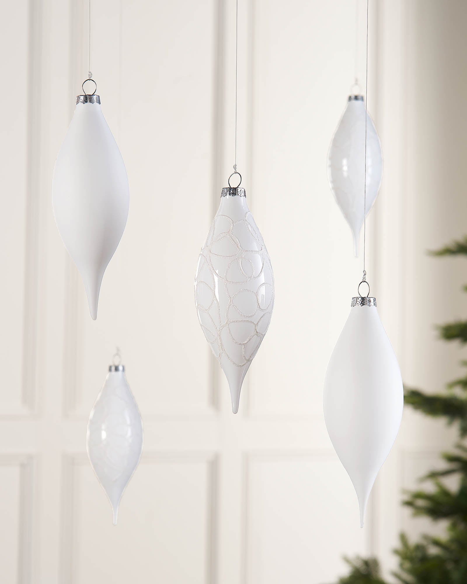 Five White Glass Baubles, 15 cm