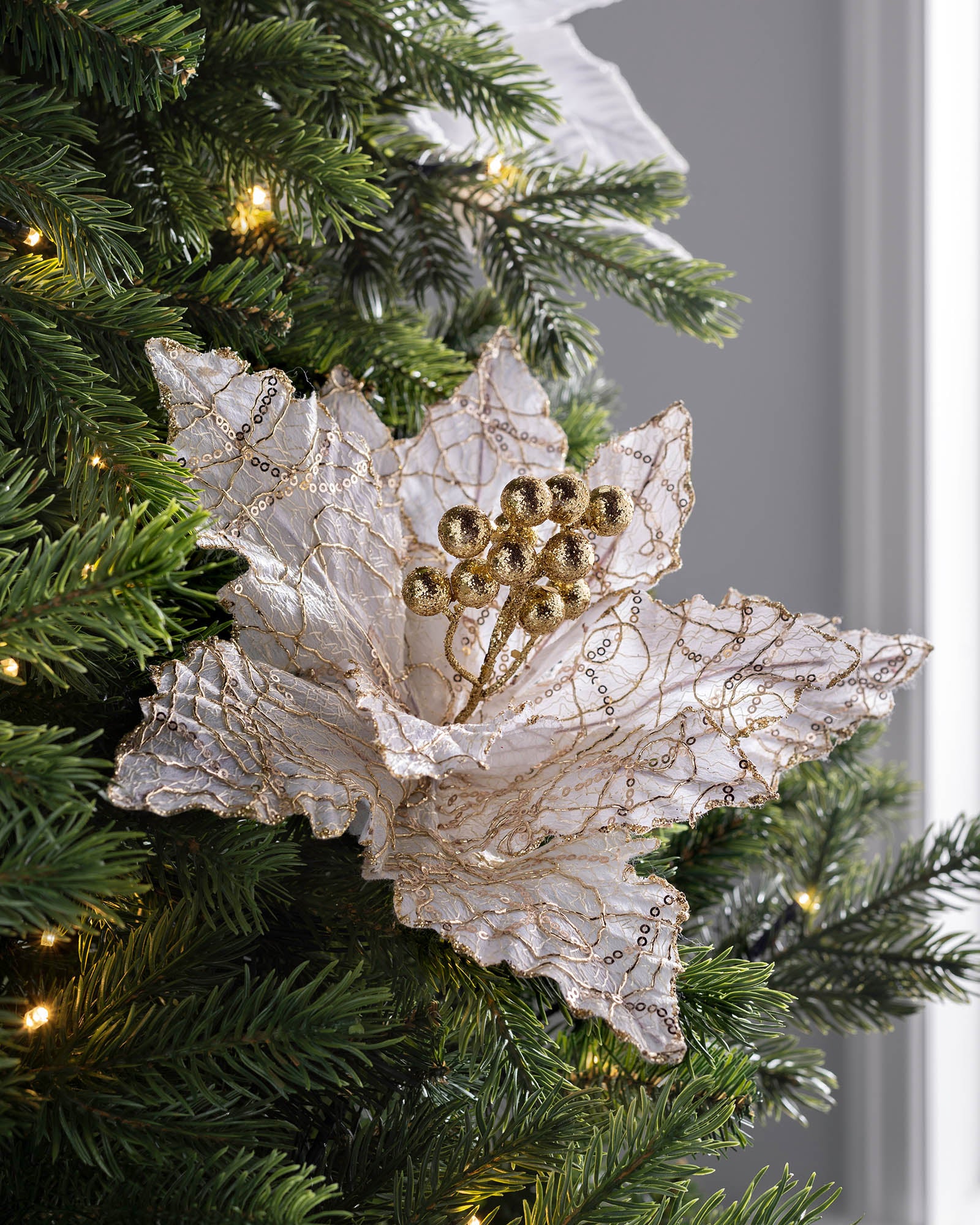 White & Gold Artificial Poinsettia Flower, 32 cm