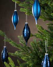 Set of 5 Large Glass Teardrop Baubles, Navy, 15 cm
