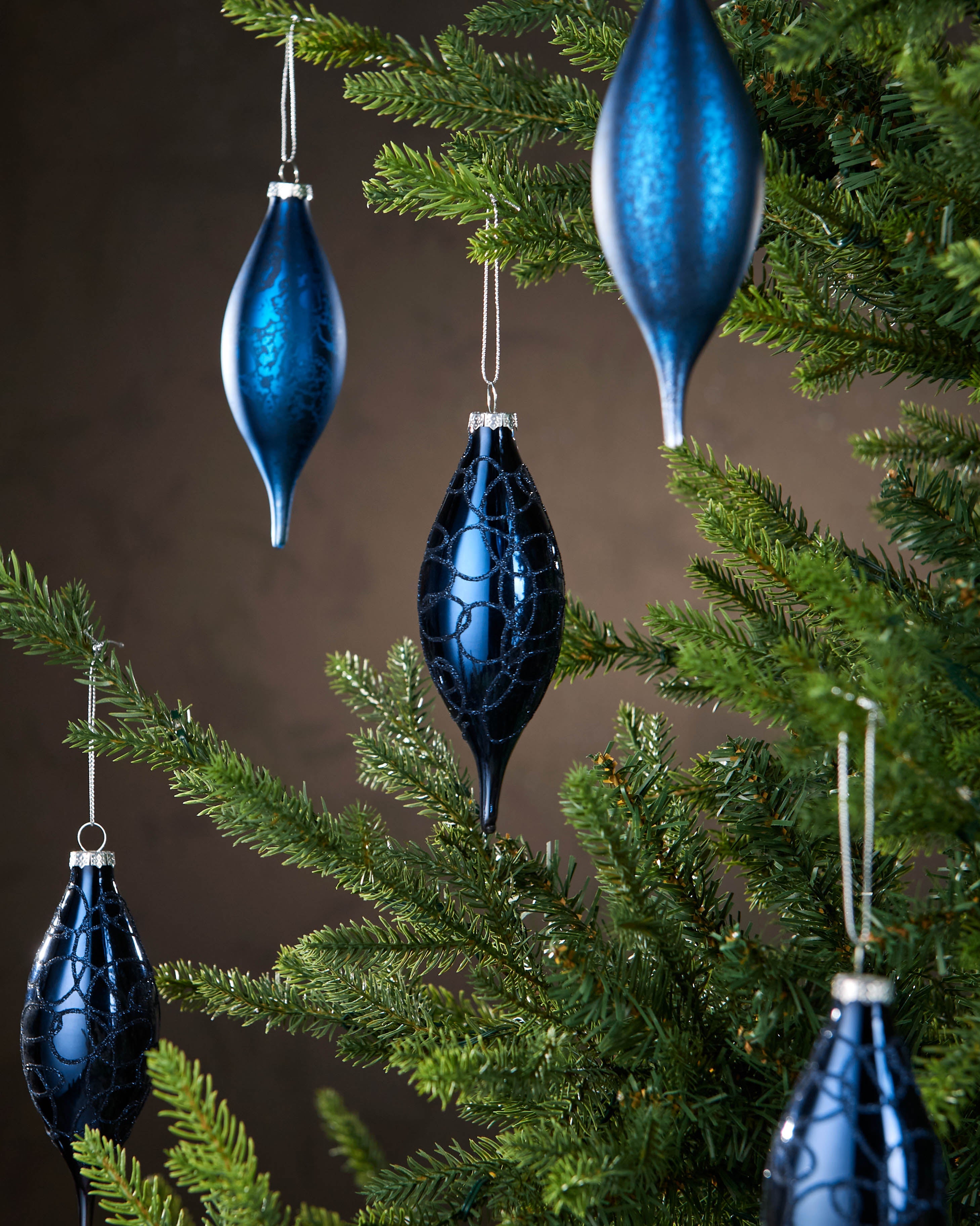 Set of 5 Large Glass Teardrop Baubles, Navy, 15 cm