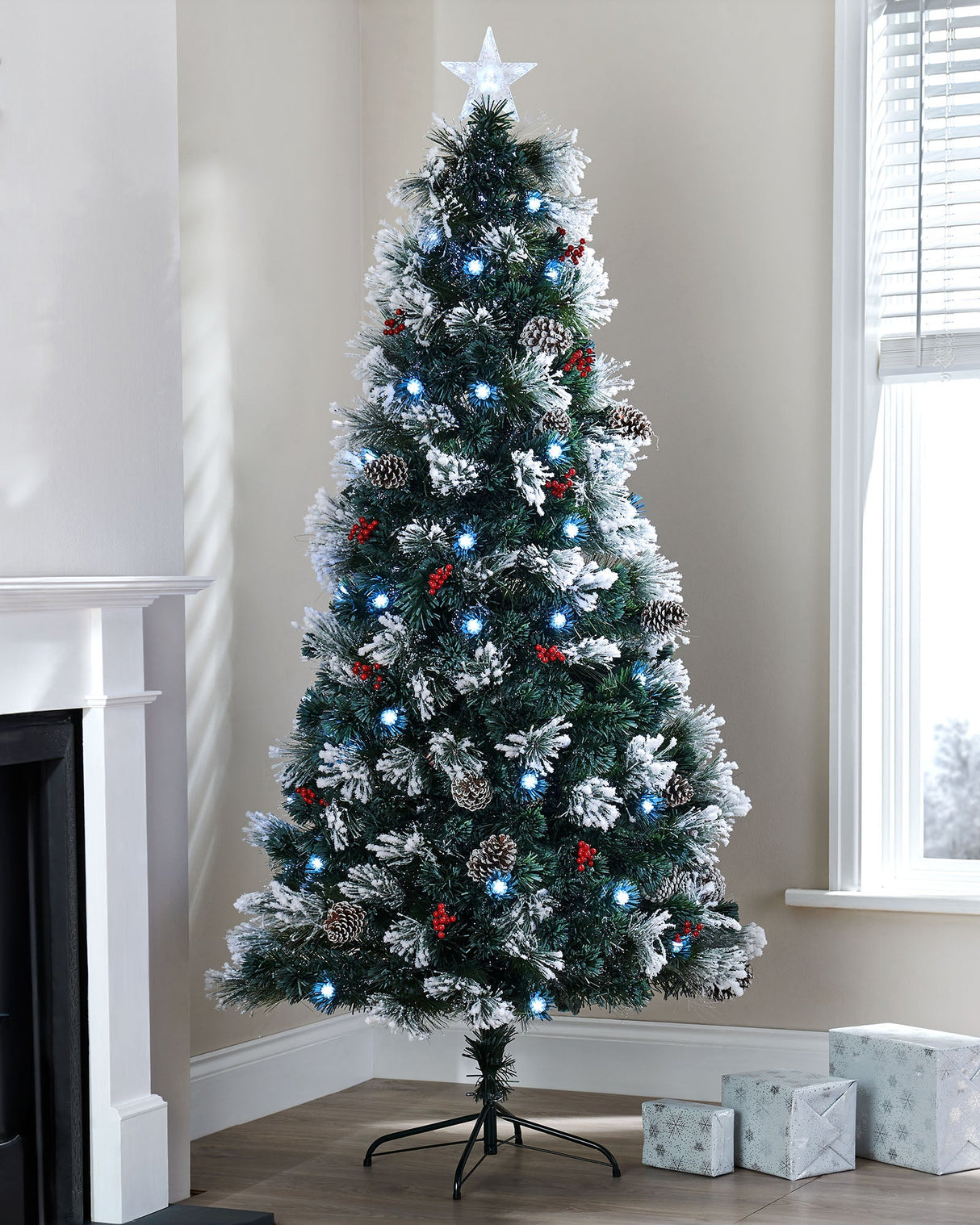 Pre-Lit Fibre Optic Frosted Christmas Tree with Tree Topper, 6 ft