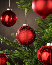 Set of 6 Glass Baubles, Christmas Red, 10 cm