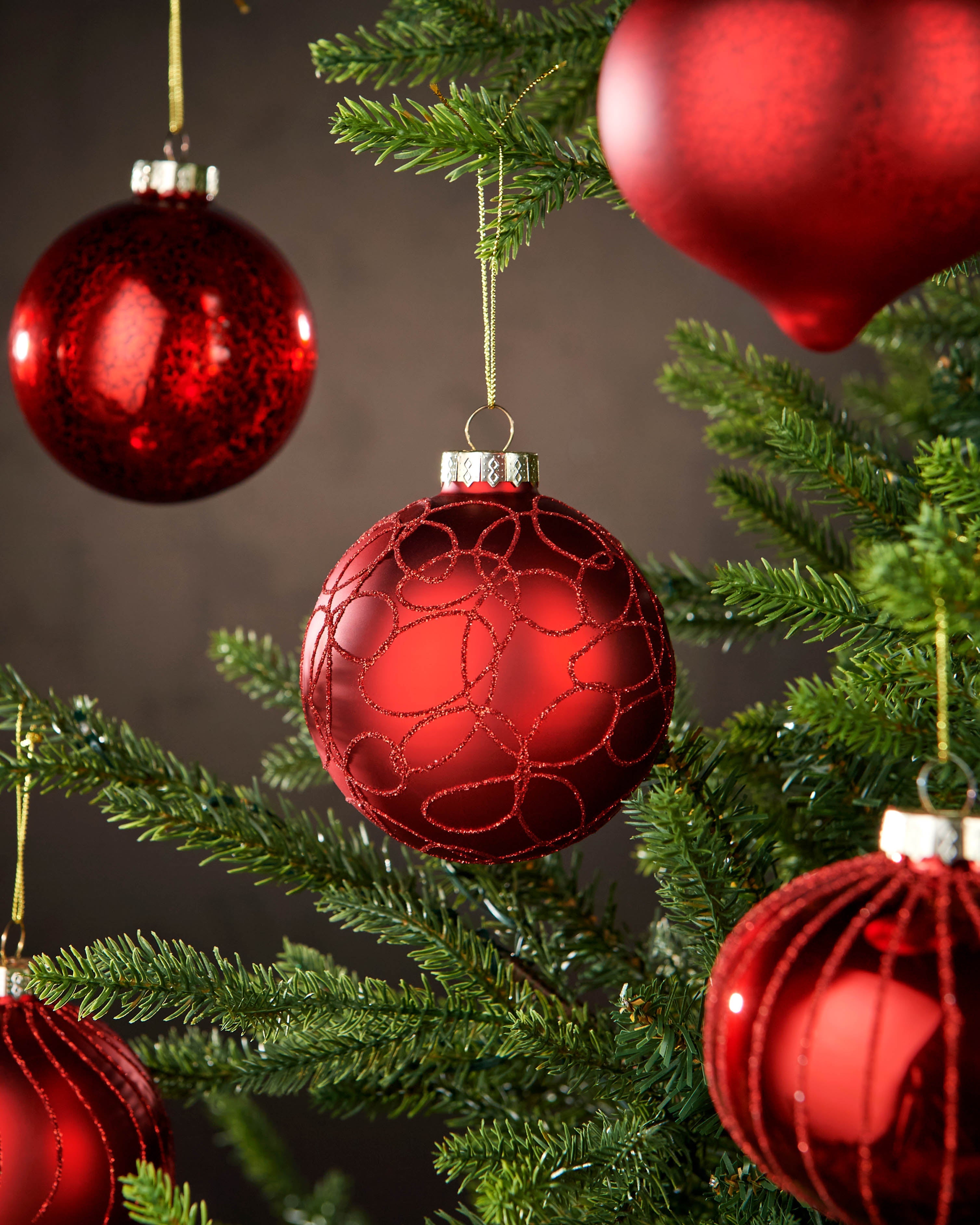 Set of 6 Glass Baubles, Christmas Red, 10 cm