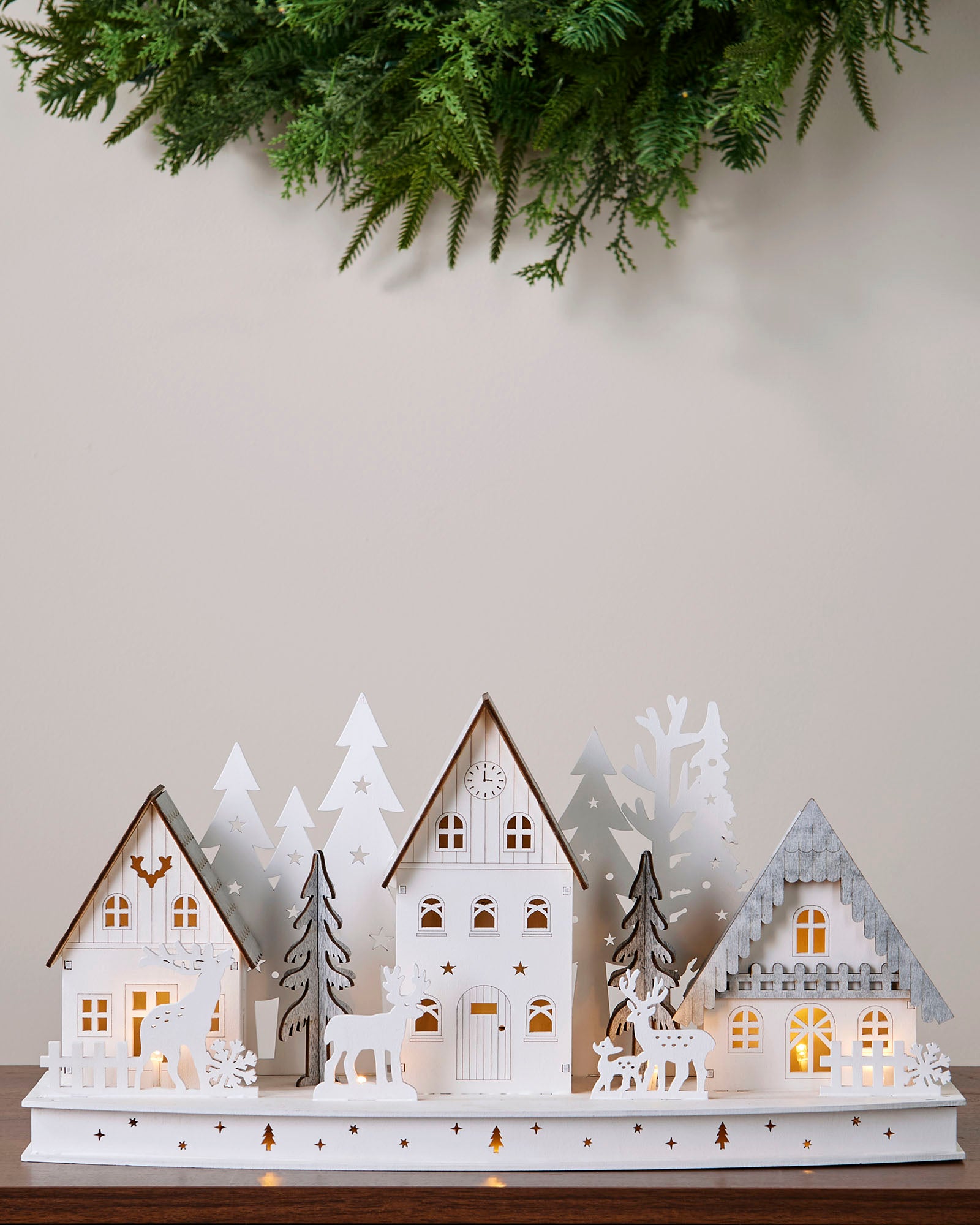 Pre-Lit Wooden Village, White, 40cm
