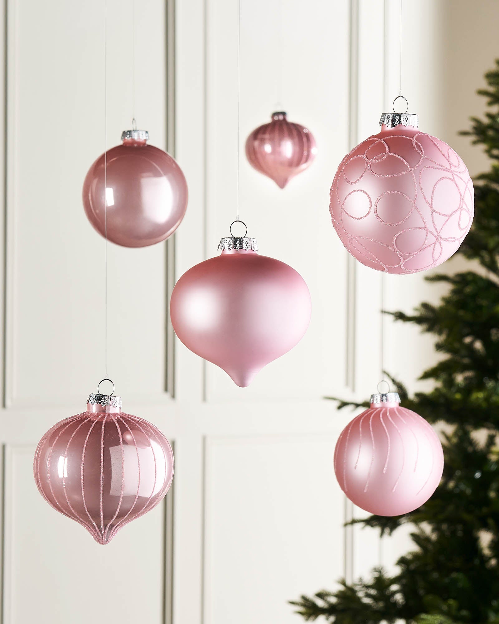 Six Baby Pink Glass Baubles, 10 cm