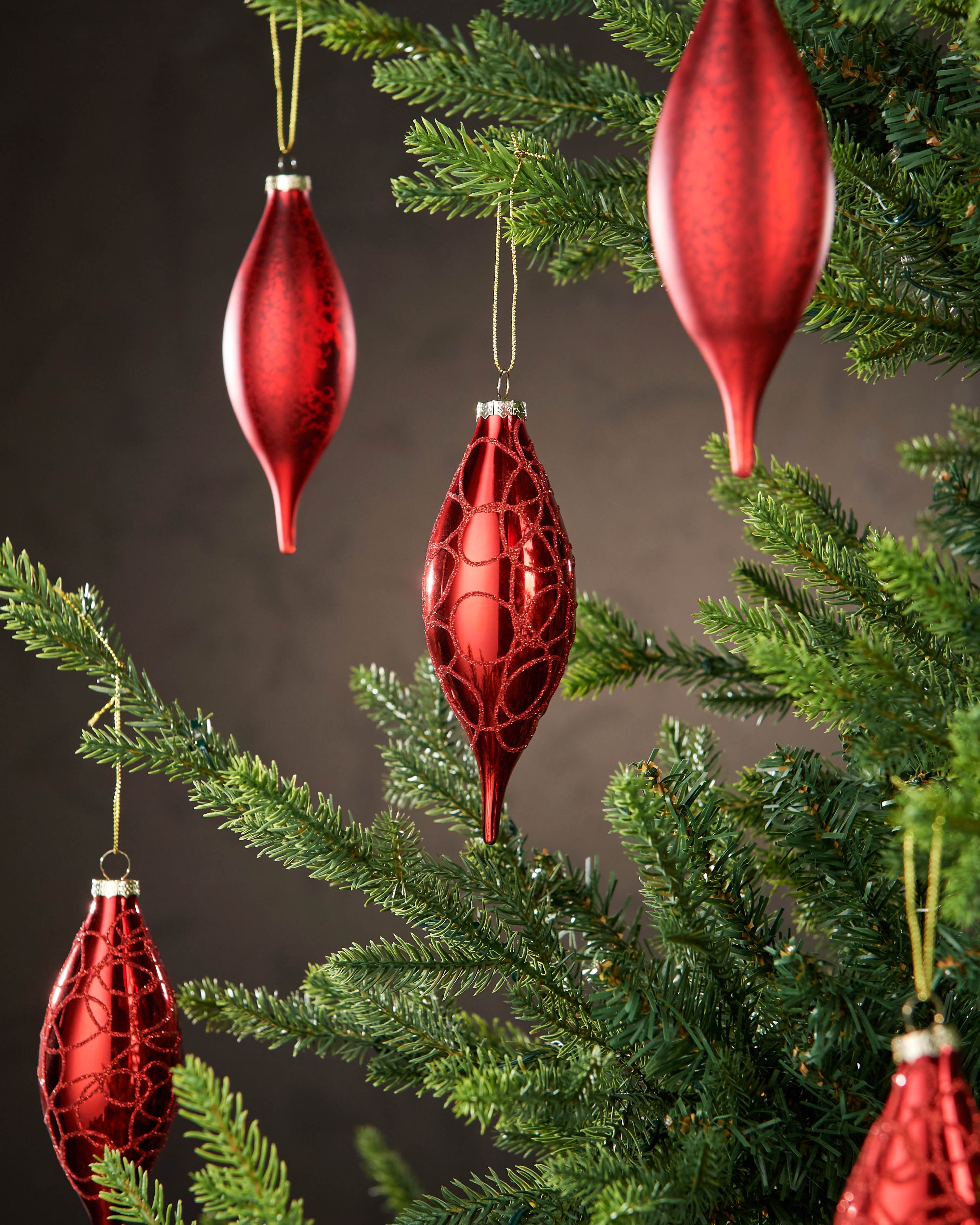 Set of 5 Large Glass Teardrop Baubles, Christmas Red, 15 cm