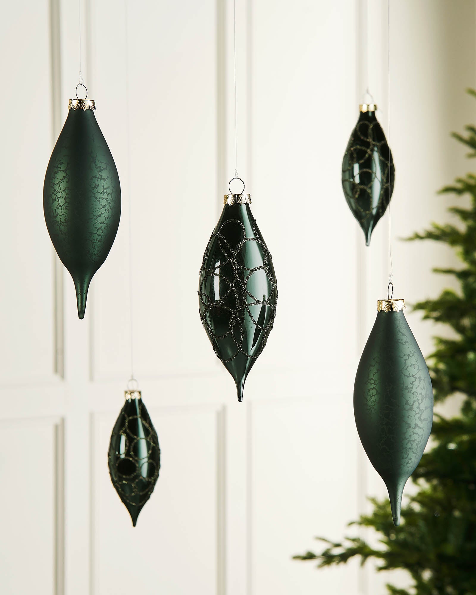 Five Sage Green Glass Baubles, 15 cm