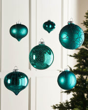 Set of 6 Glass Baubles, Teal, 10 cm