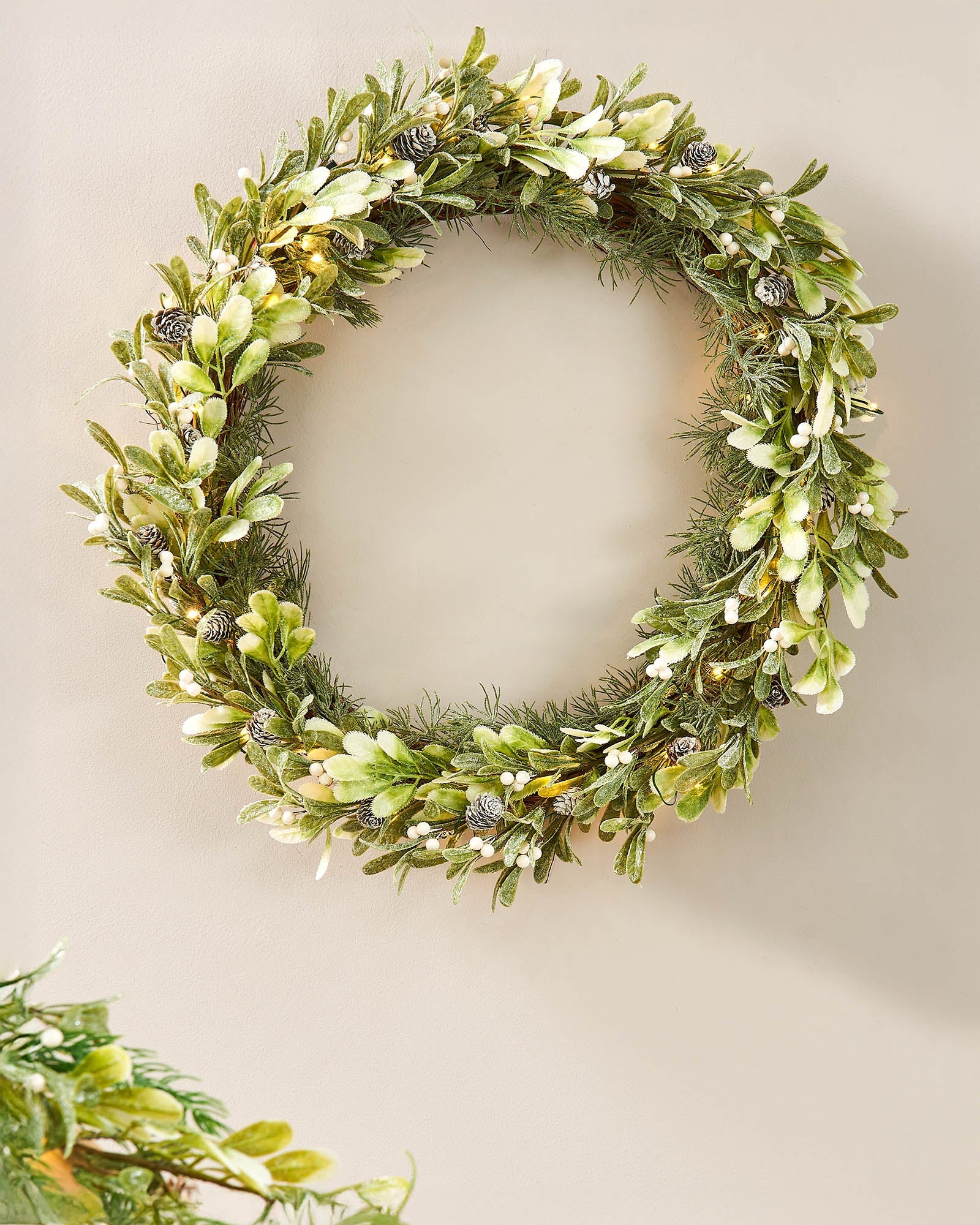 Pre-Lit Frosted Mistletoe Wreath with Pinecones & Berries, 76 cm