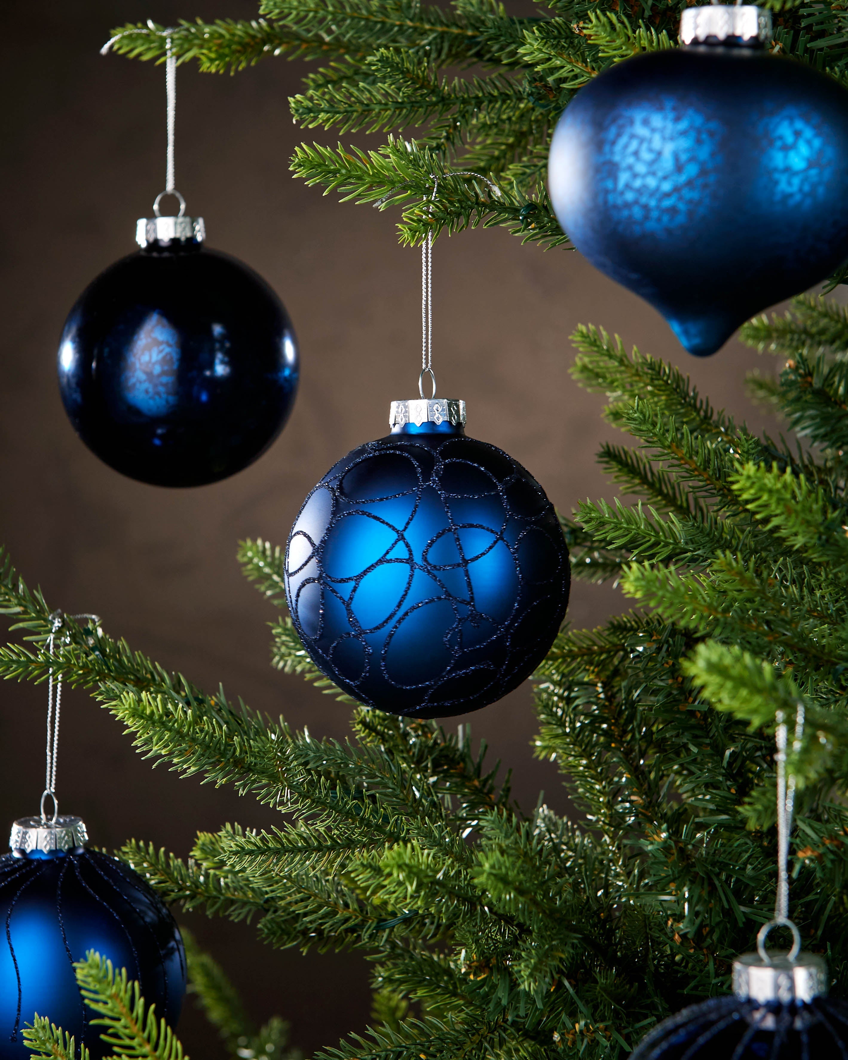 Set of 6 Glass Baubles, Navy, 10 cm